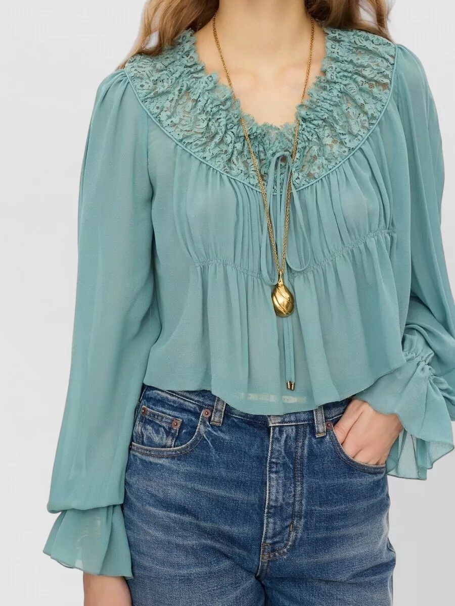 Chloé Silk Cropped Ruffled Long-Sleeve Blouse