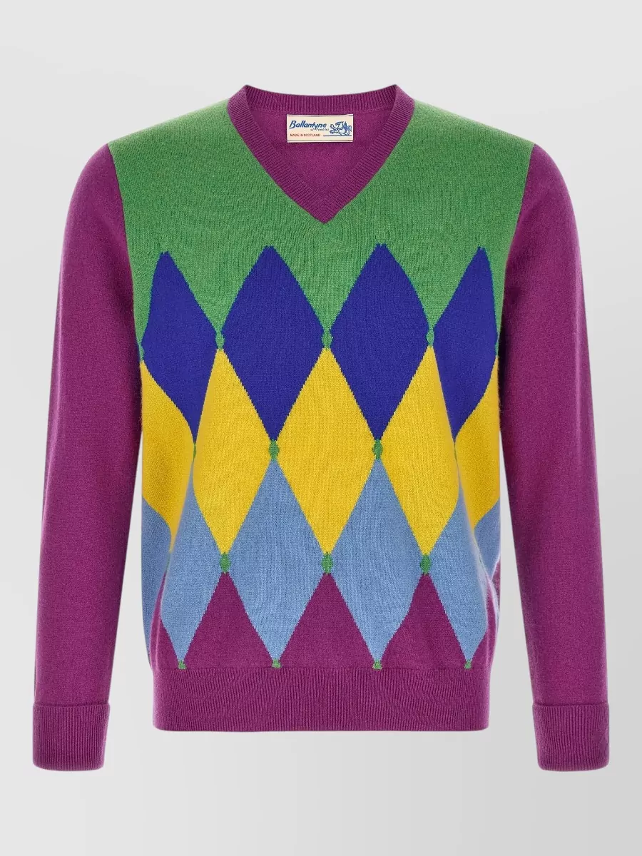 Ballantyne cashmere ribbed v-neck intarsia sweater