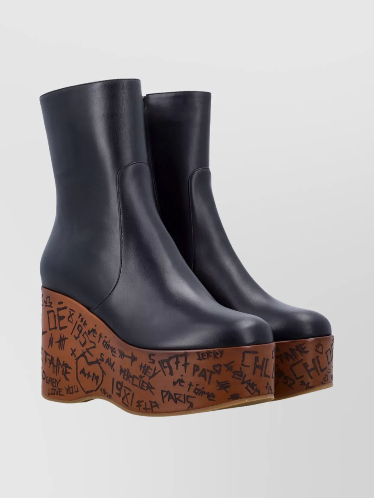Chloé Graphic Print Platform Ankle Boot Wedge In Black