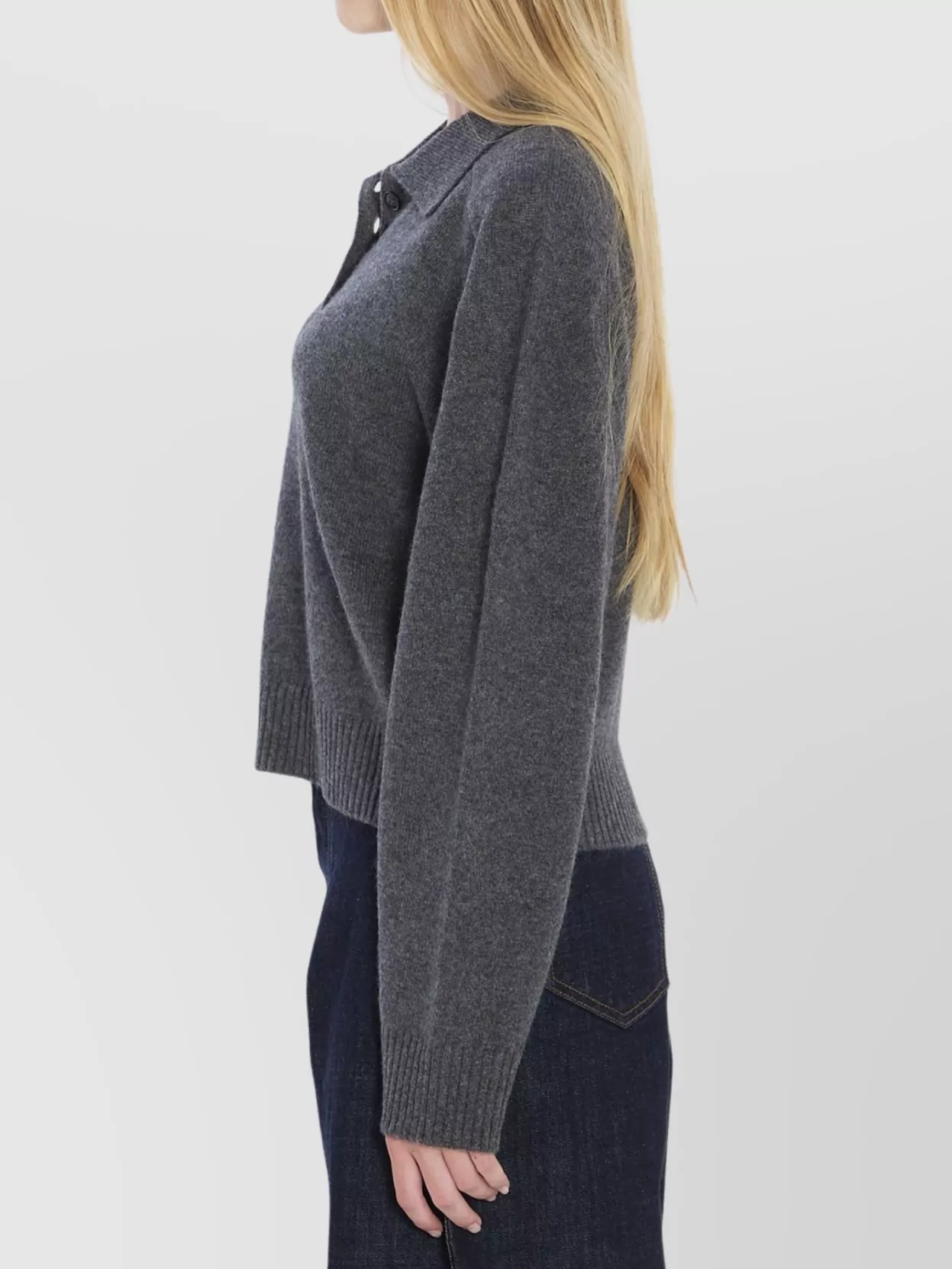 Loulou Studio Cashmere Polo With Long Sleeves And Collar In Gray