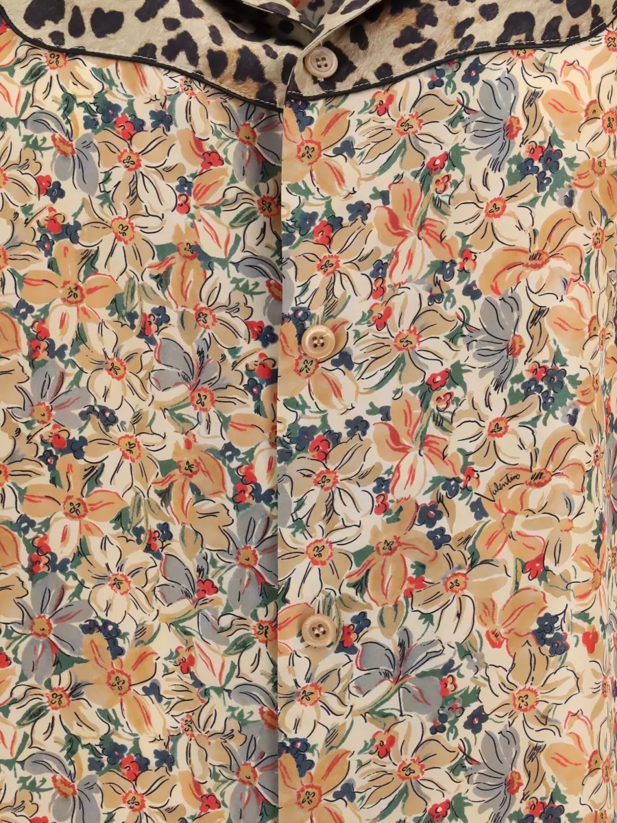 Valentino Silk Short-Sleeve Floral Leopard-Print Bowling Shirt