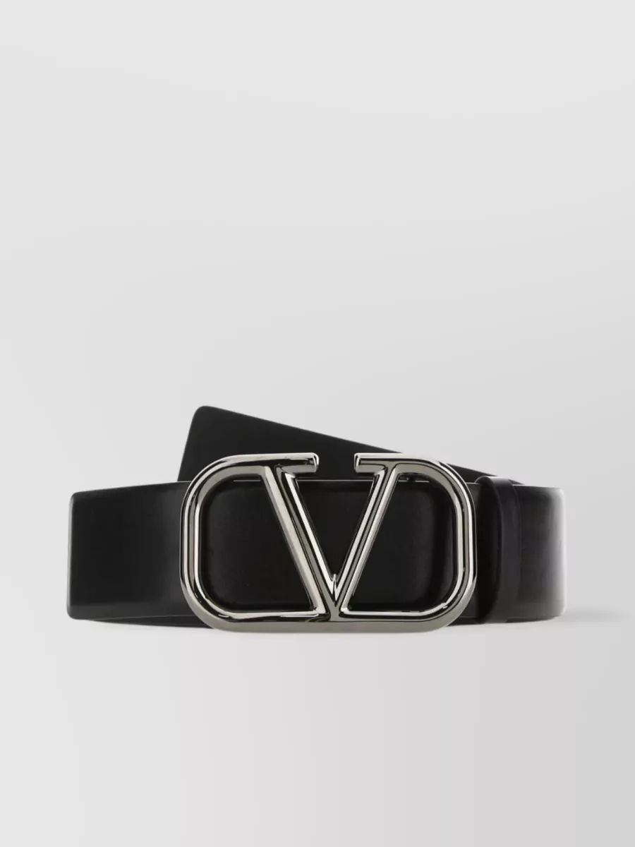 Shop Valentino Leather Vlogo Belt With Smooth Texture And Metal Accents In Black