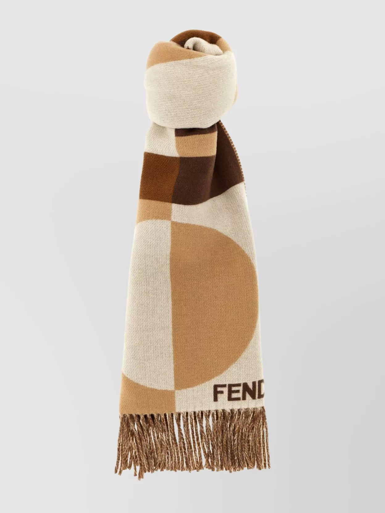 Fendi Geometric Pattern Cashmere Wool Fringe Scarf