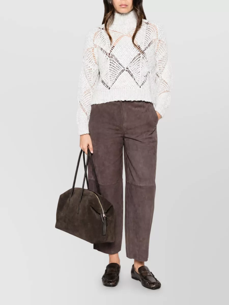 Via Masini 80 Suede Leather Paneled Wide-Leg Trousers