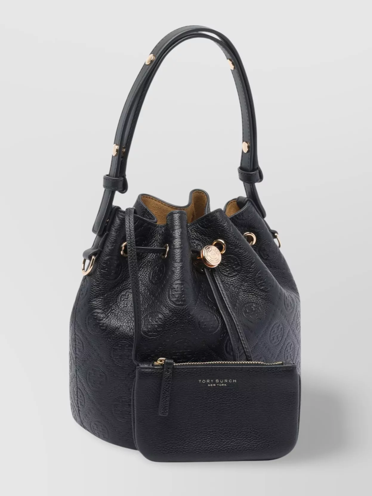 Tory Burch Monogram Pebble Bucket Bag In Black