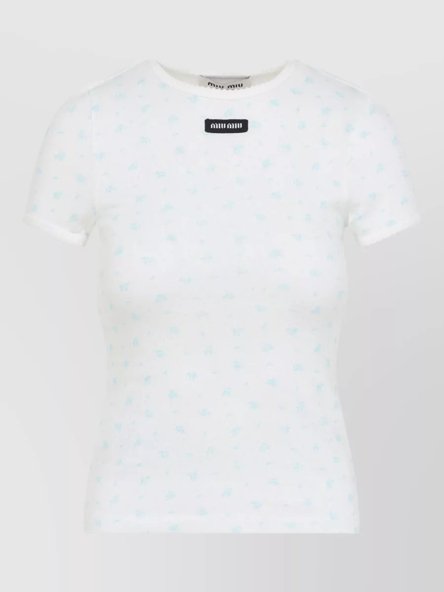 Miu Miu Round Neck Fitted Top With Short Sleeves In White