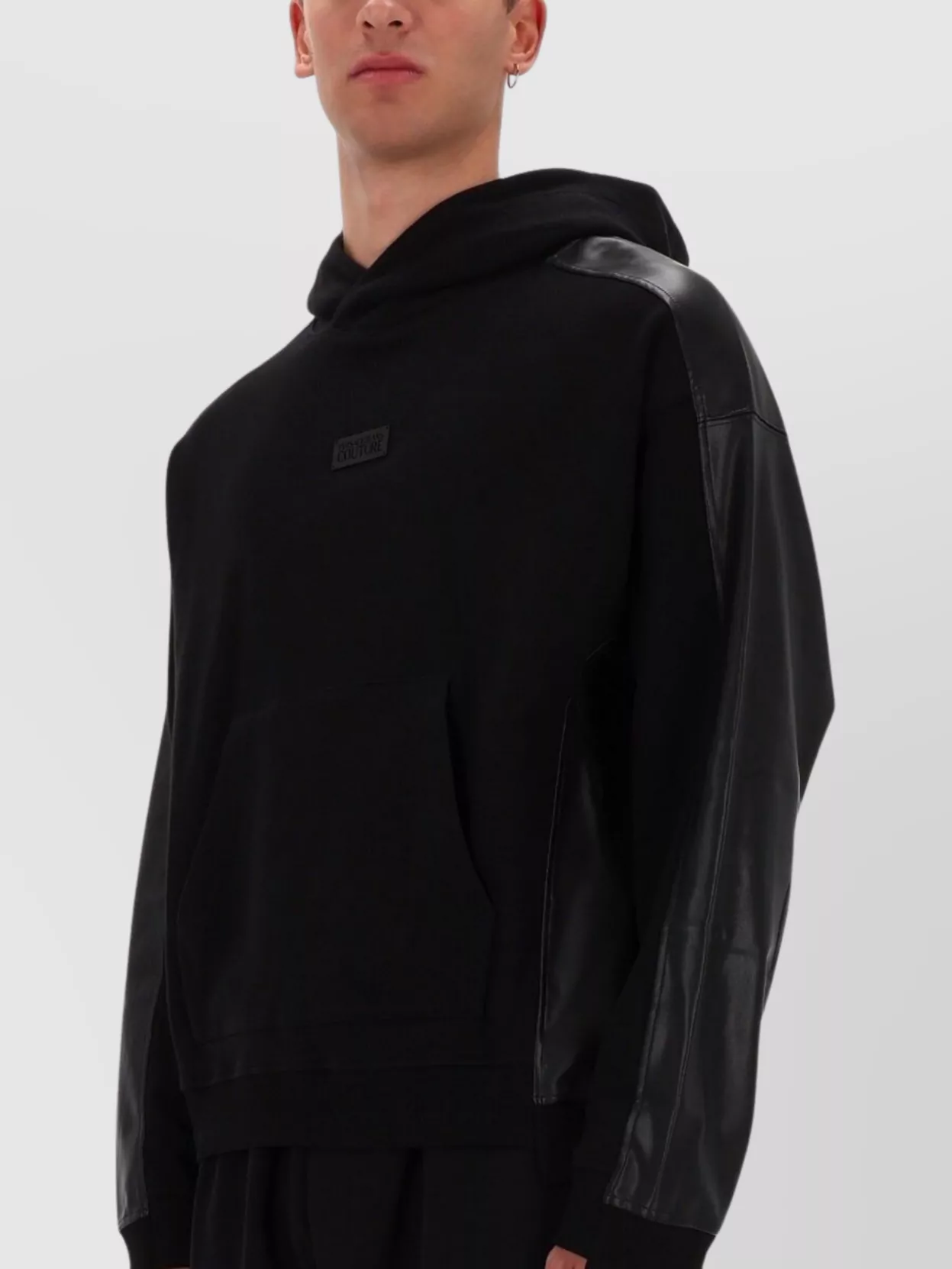 Versace Jeans Couture Hooded Sweater With Leather Panels And Front Pocket