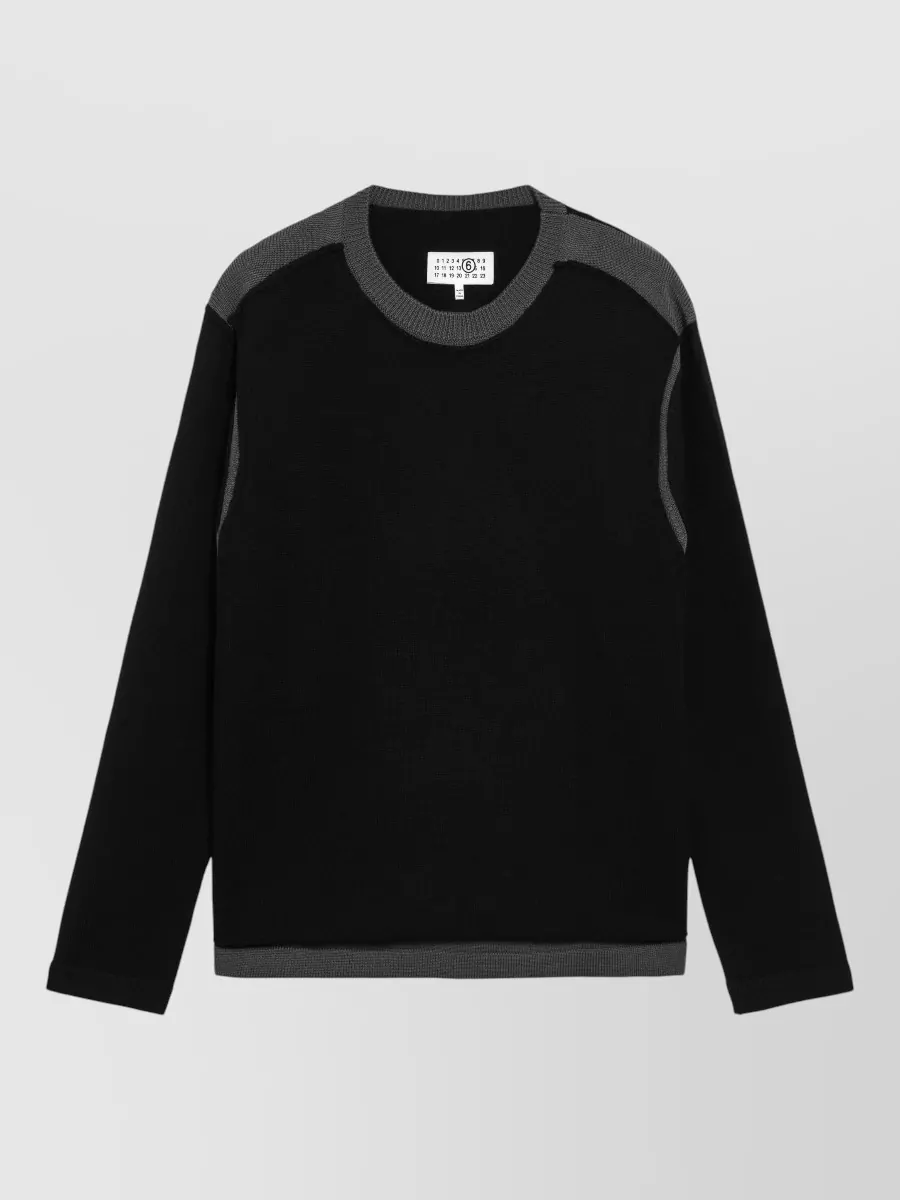 Mm6 Maison Margiela Merino wool contrasting trim crew-neck jumper — The black crew with charcoal panels mirrors the trouser’s charcoal tone, keeps everything Mm6, and gives a sharp minimalist streetwear read without adding bulk to the relaxed straight leg.