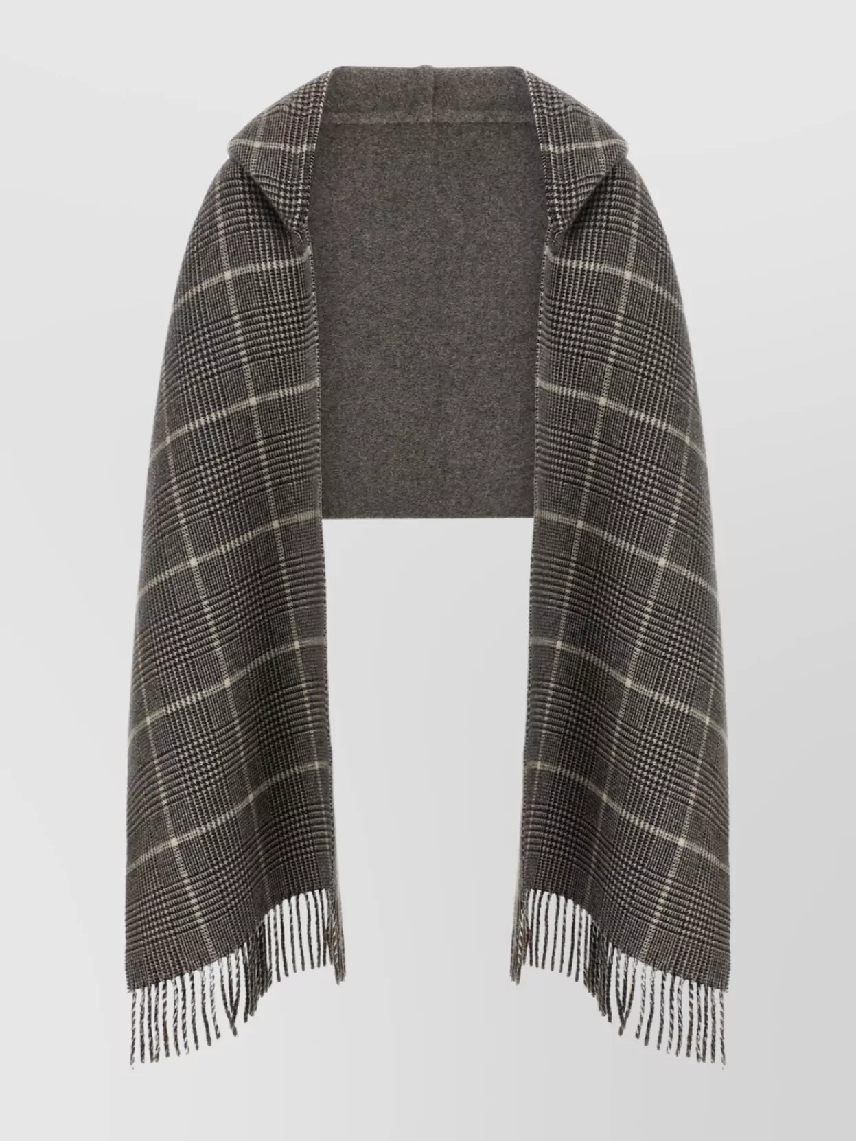 Brunello Cucinelli Checked Pattern Hooded Scarf With Fringed Edges In Gray