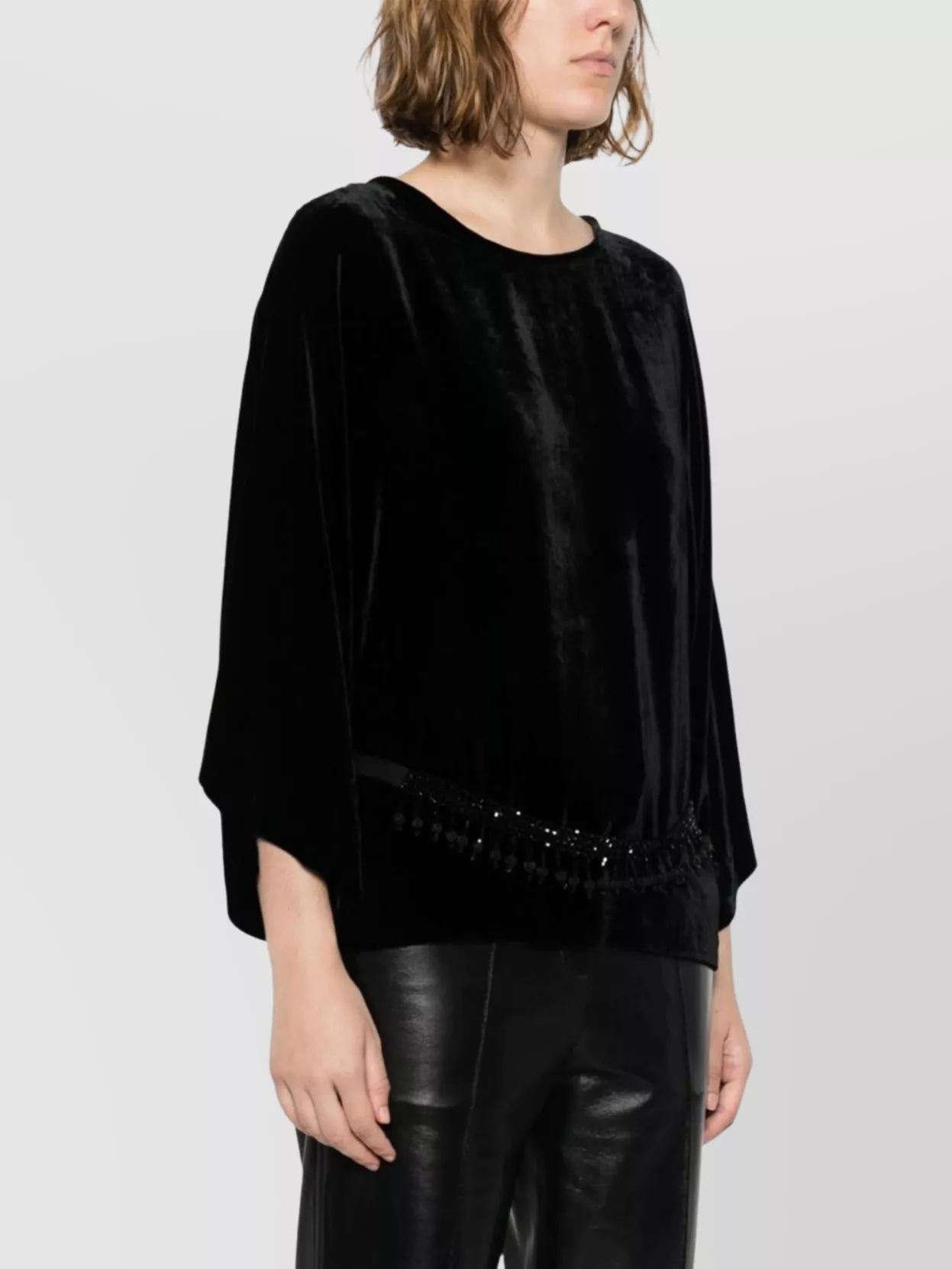 P.a.r.o.s.h Velvet Top With Embellished Waist And Loose Sleeves In Black