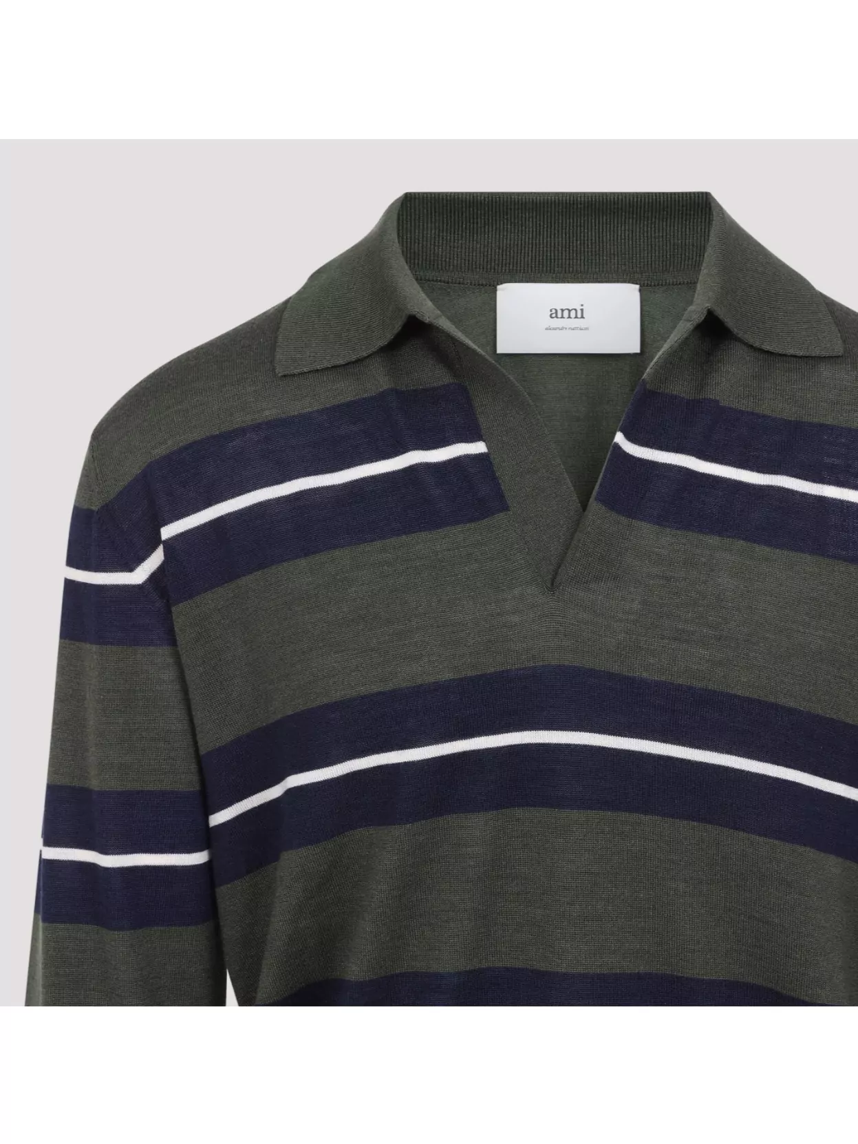 Ami Alexandre Mattiussi Ami Paris Green Polo With All-over Striped Motif And Polo-style Collar In Wool And Silk Blend Man