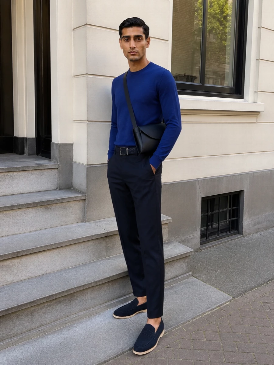 Jil sander navy trousers john smedley knit