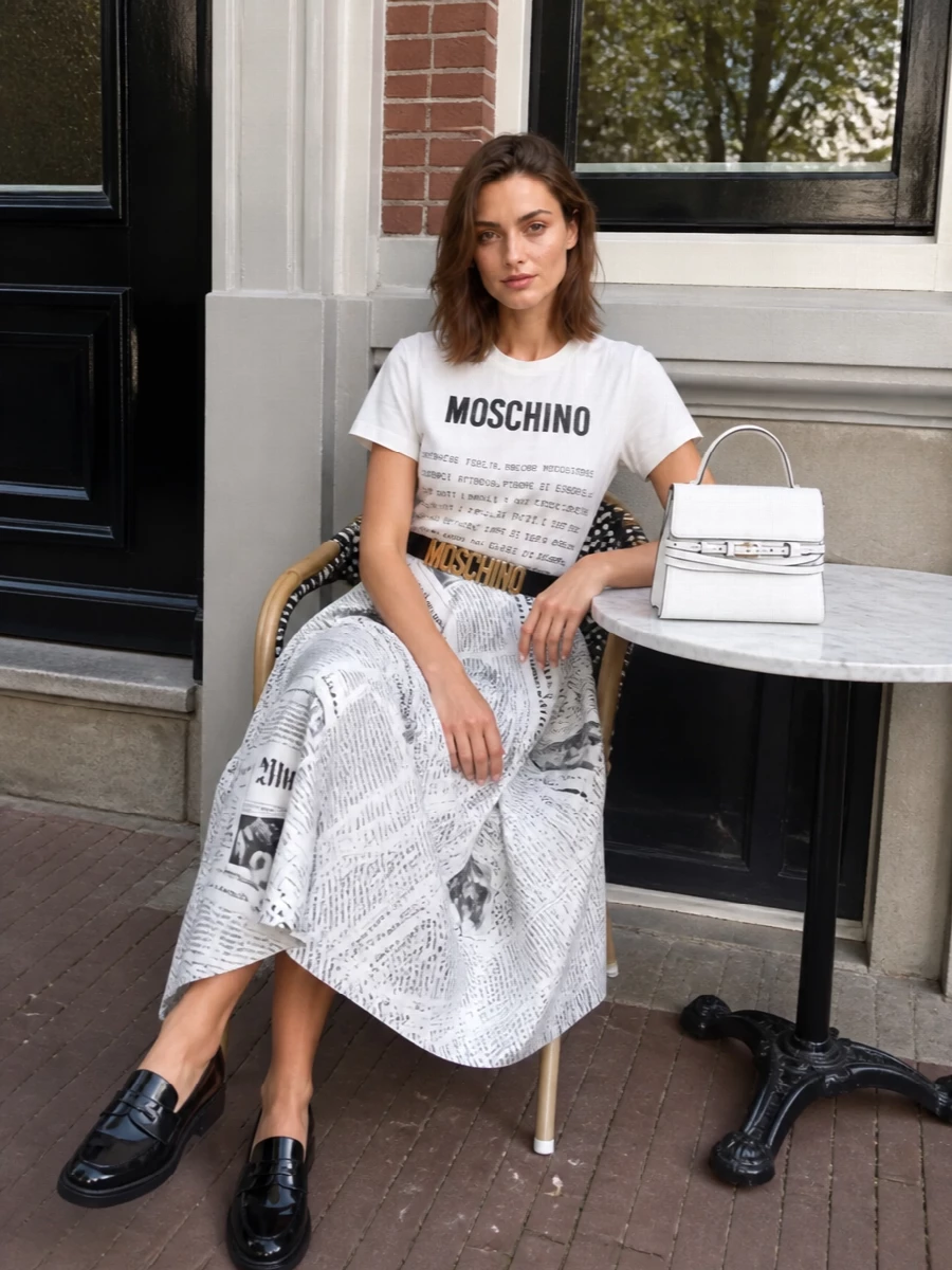 Moschino manifesto tee newspaper midi skirt