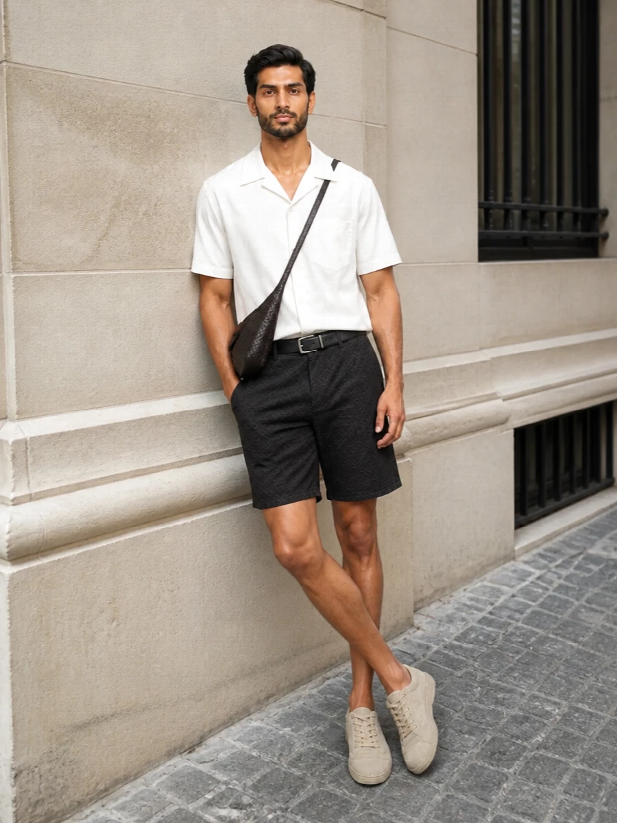 Bottega veneta charcoal jacquard tailored shorts outfit