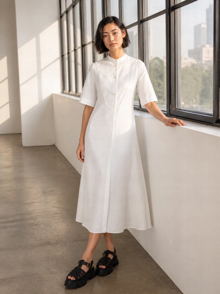 A crisp Jil Sander shirt dress sets up a clean column that lets the chunky black Prada fisherman sandals read deliberate rather than heavy. The black and gold accessories pull that graphic contrast through, giving a quietly modern take on warm-weather city dressing that moves from gallery afternoon to dinner without a change of outfit. Choosing the dress route keeps the silhouette simple and architectural, which flatters the sandals’ bold sole and keeps the mood firmly in minimalist quiet luxury rather than casual utility.