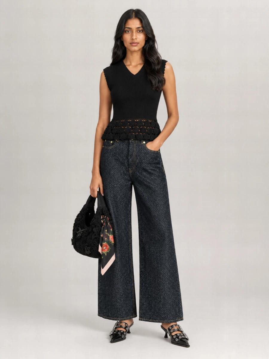 Ganni Cotton Ribbed Crochet V-Neck Sleeveless Top