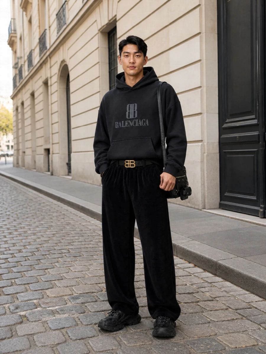 Balenciaga black velvet pants oversized hoodie outfit