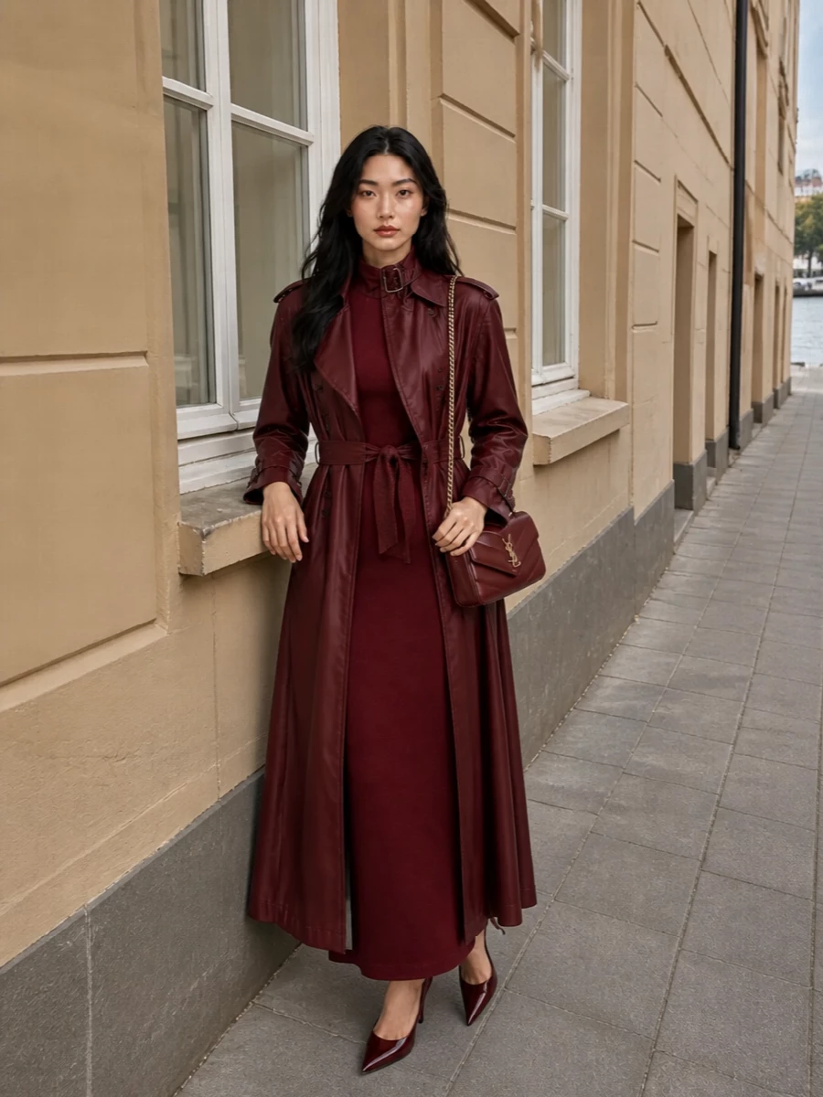 Saint laurent burgundy trench maxi dress outfit