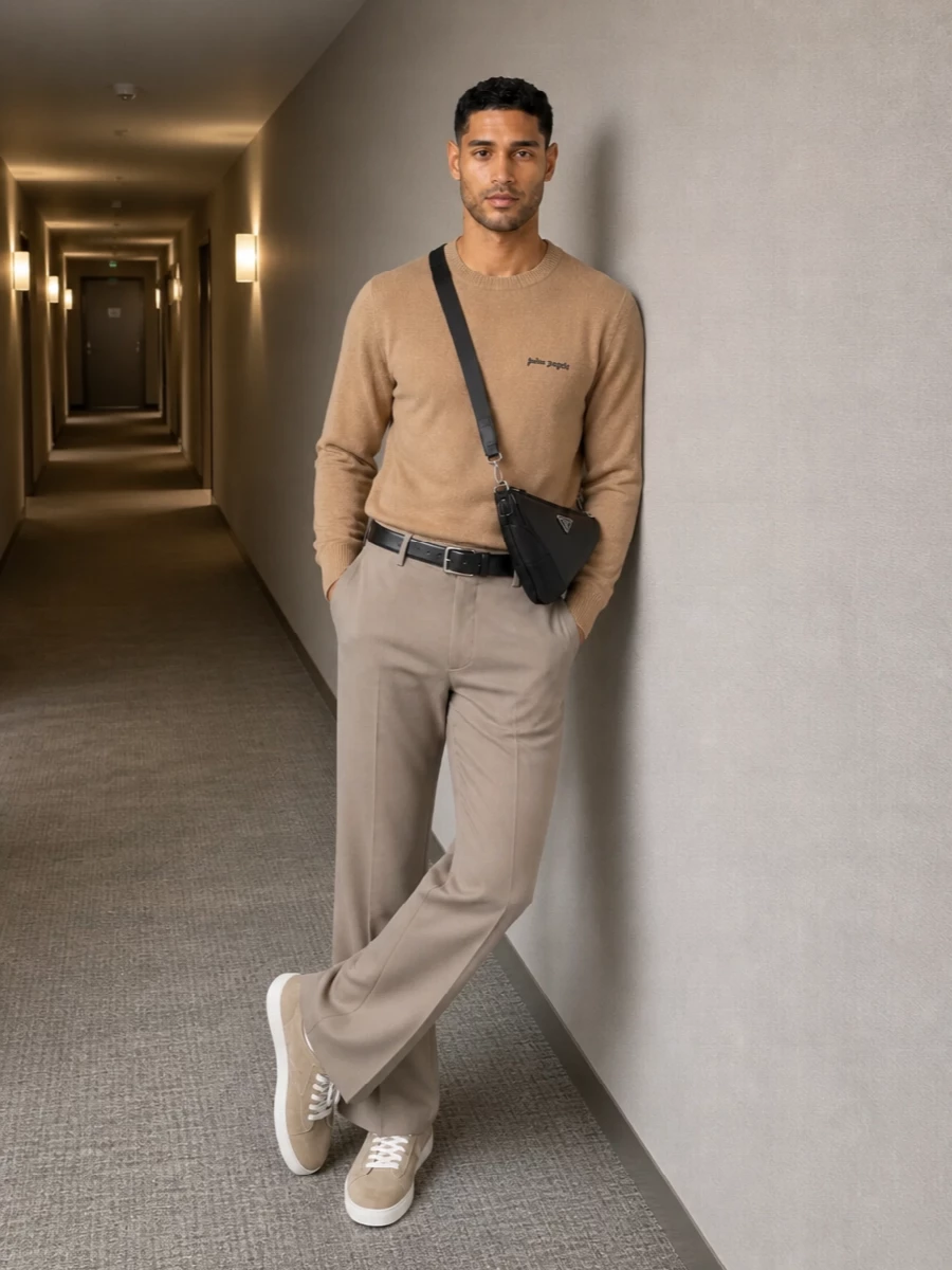 Palm angels flared trousers camel jumper outfit