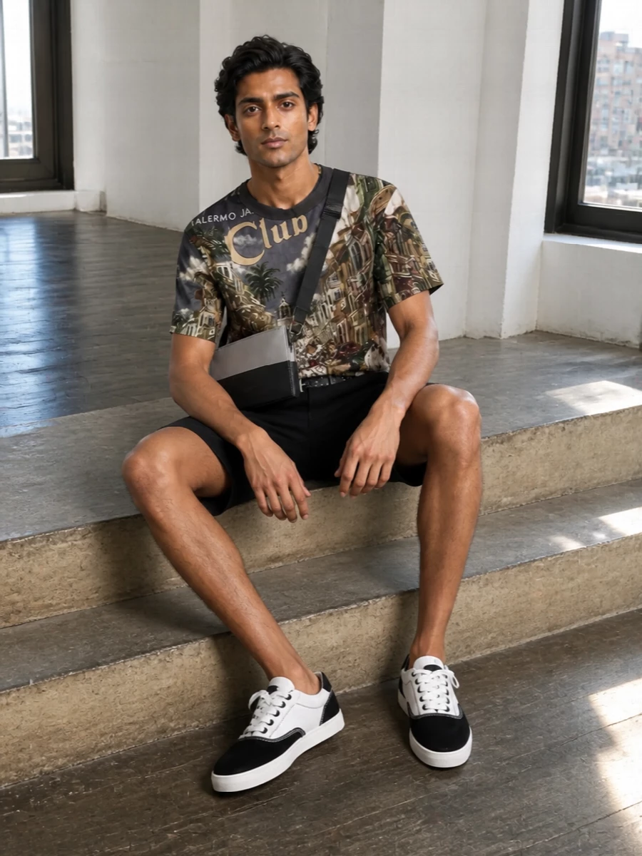 Dolce gabbana graphic tee black shorts outfit