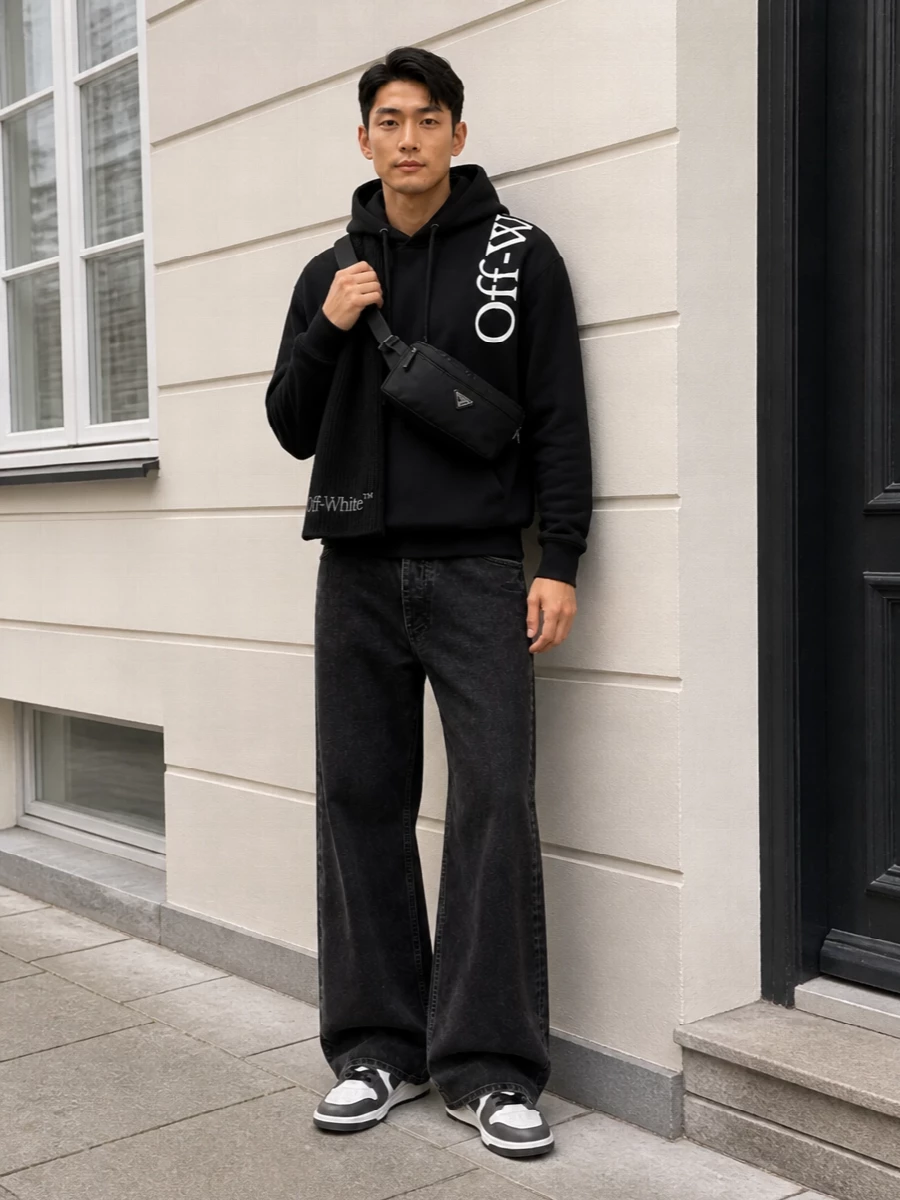 Off white hoodie wide leg jeans sneakers