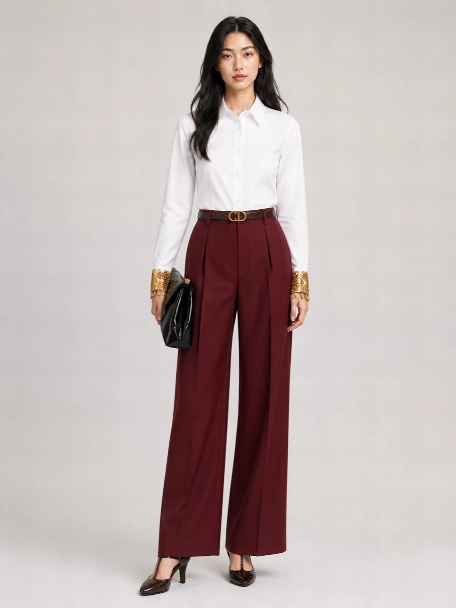 Crisp embroidered shirting meets deep burgundy tailoring for a quiet, boardroom-to-cocktail ensemble that feels opulent without ever tipping into excess. The high-rise wide leg and sculpted heel work together to elongate the line, while a glossy black clutch and slim leather belt finish the outfit with focused, modern polish. It is an intelligent way to wear statement cuffs, grounded by rich color and disciplined proportions.