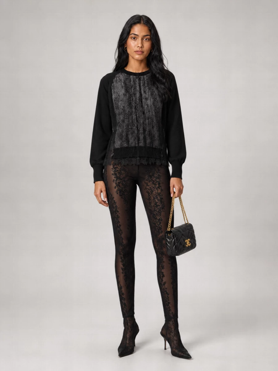Dark romance head to toe, this pairing leans into sheer lace and charcoal tones for a body-tracing silhouette that still feels wearable for city nights. The second-skin leggings and mesh stilettos elongate the line under the soft jumper, while the quilted mini bag brings just enough polish and hardware shine to finish the outfit cleanly.