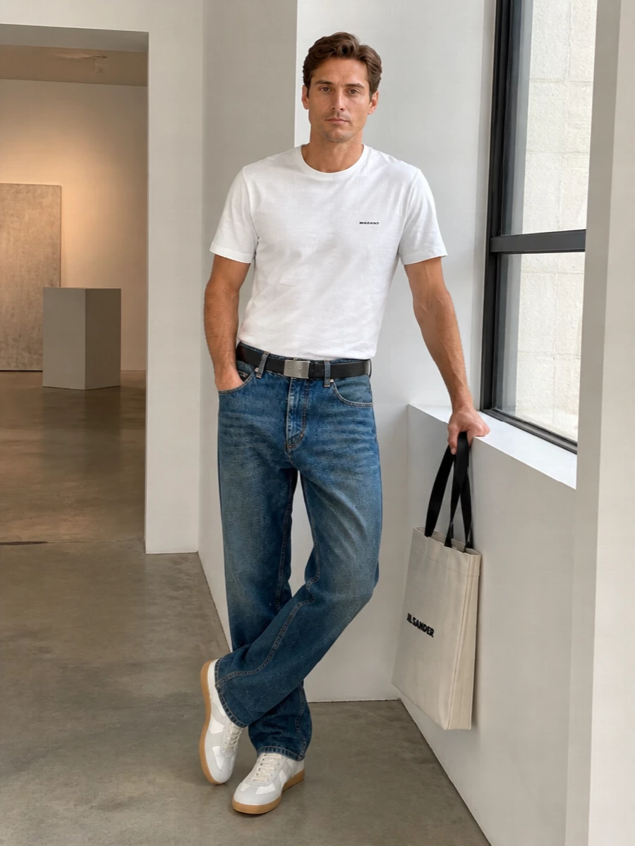 A white Isabel Marant logo tee and relaxed mid indigo denim create an easy, Parisian streetwear base that reads clean rather than try-hard. Margiela-inspired sneakers in soft neutrals keep the line light, while an off-white Jil Sander tote and a slim black belt pull the black and white accents together for a precise yet laid back finish. It is an everyday city uniform that feels considered through proportion and texture, not heavy branding.