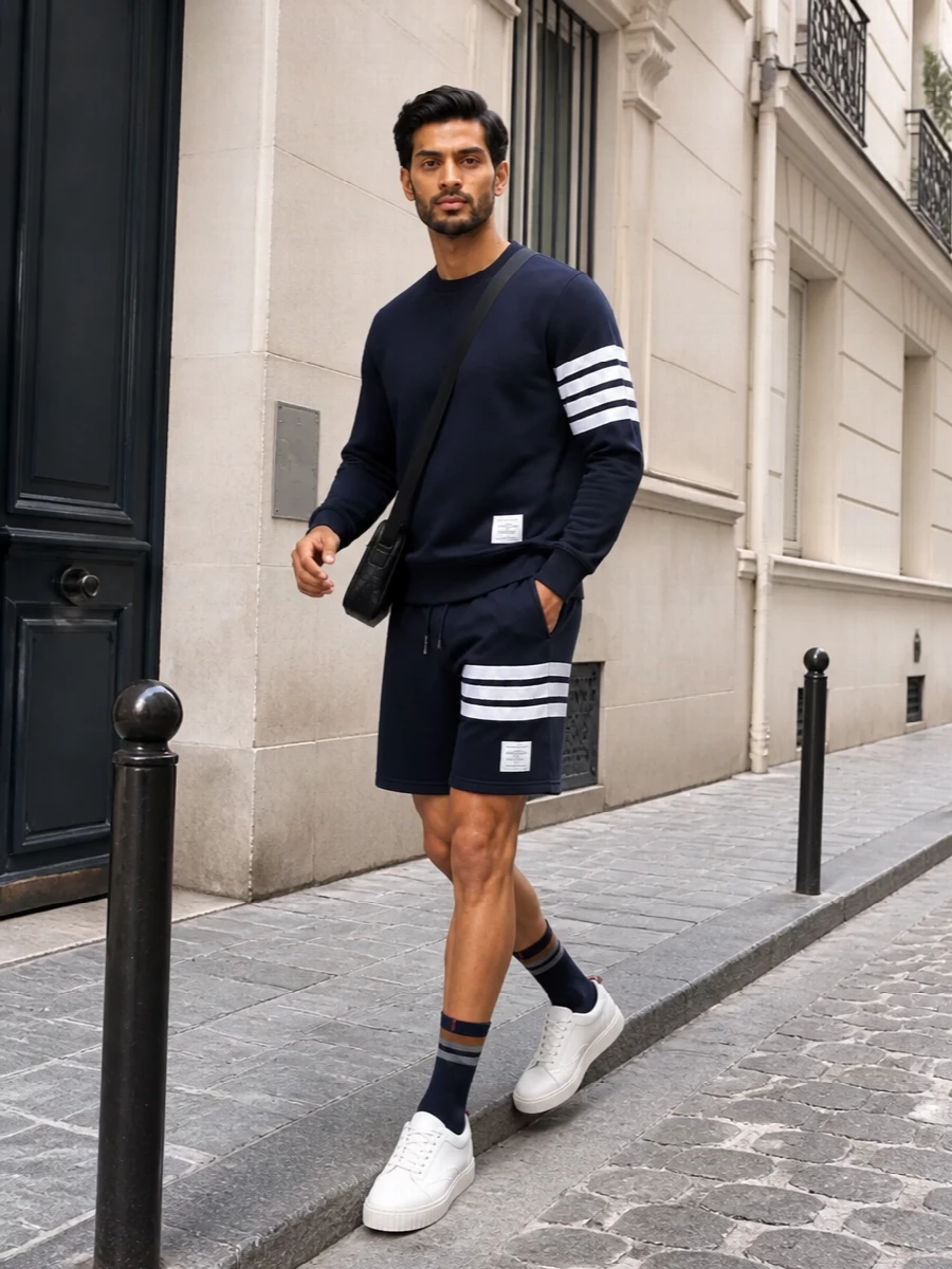 Thom browne navy sweatshirt shorts summer outfit