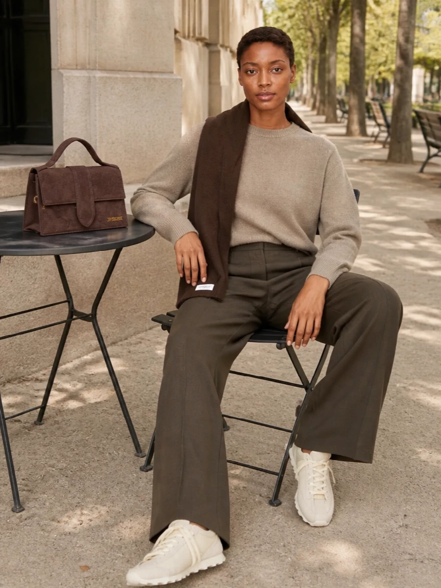 Jacquemus taupe sweatshirt wide leg trousers outfit