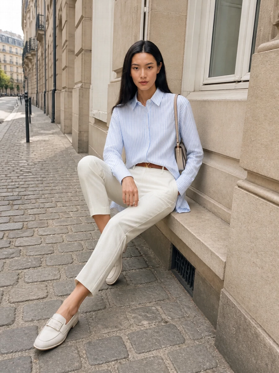 Victoria beckham ivory trousers striped shirt outfit