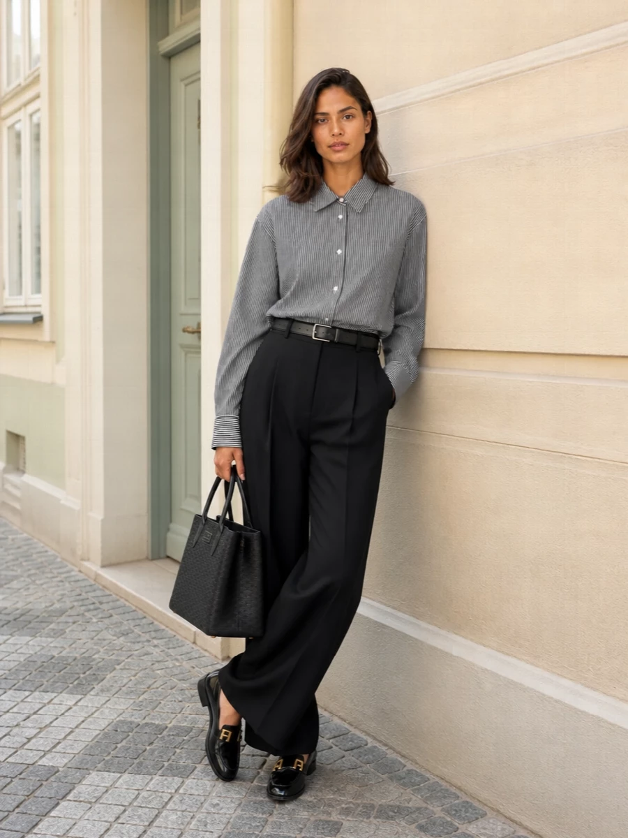 Frankie shop striped shirt black wide leg trousers