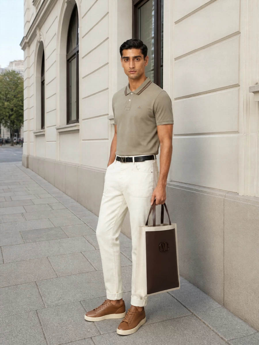 A taupe knit polo meets crisp off white straight-leg trousers for a calm, neutral base that feels easy yet considered. Tan leather sneakers and a structured chocolate-and-canvas tote introduce depth without breaking the quiet palette. A slim black belt gives just enough definition to keep the silhouette sharp and modern.