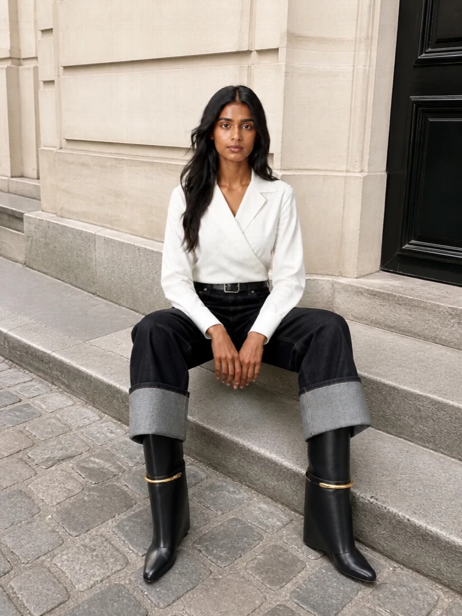 Givenchy wide leg jeans white wrap shirt boots