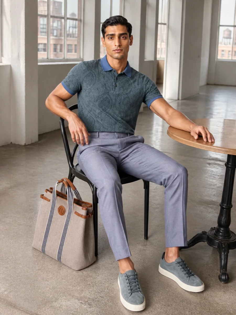 Etro paisley polo blue tailored trousers outfit