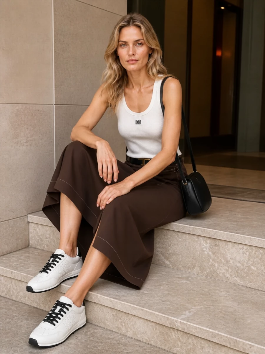 Tory burch tank brown wrap midi skirt outfit