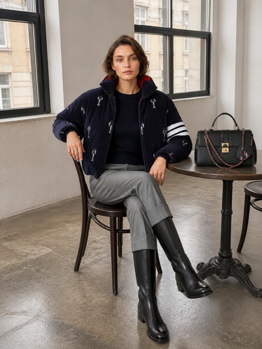 Thom browne cropped parka grey trousers outfit