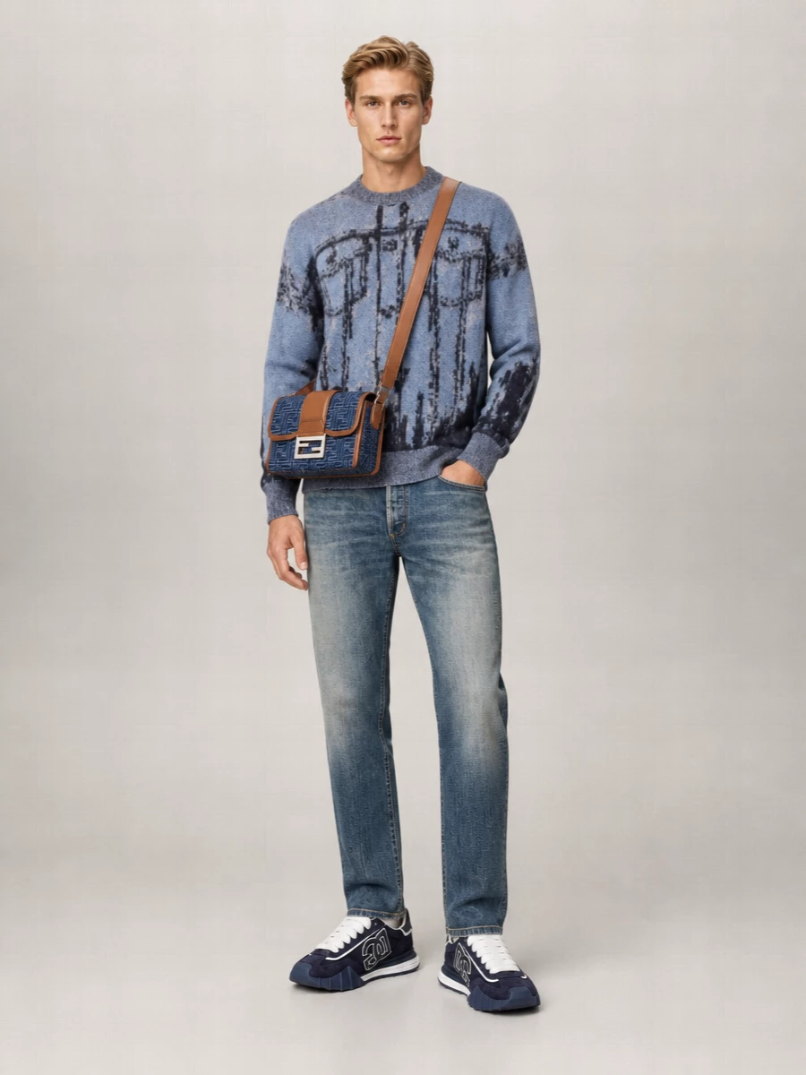 Fendi Denim Jacquard Shoulder Bag