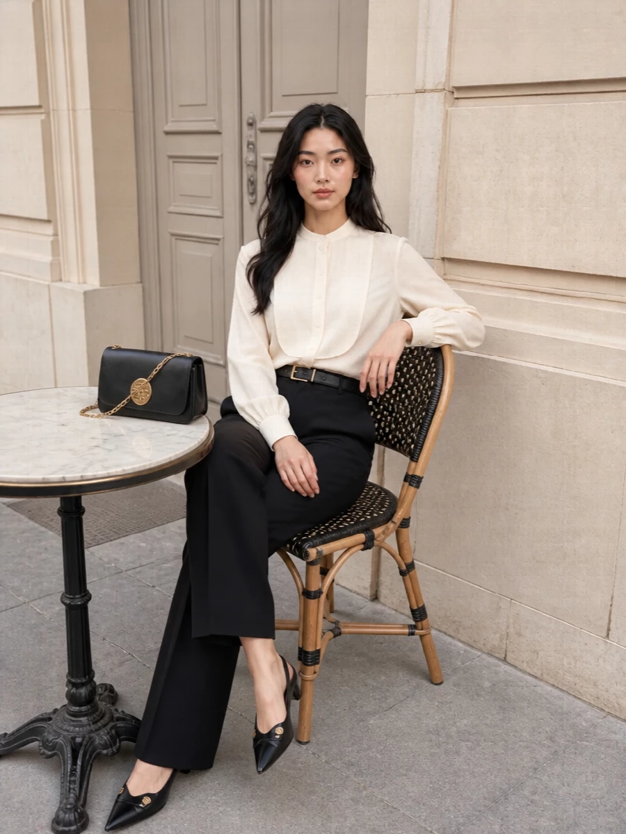A high-rise black flare meets a buttercream bib-front blouse for a precise, light-against-dark pairing that feels quietly confident from client meeting to late dinner. Pointed slingbacks and a sculpted black chain bag introduce just enough gold hardware to register as considered rather than showy. A slim black belt cleans up the waistline so the whole silhouette reads long, lean and unmistakably Parisian tailored.