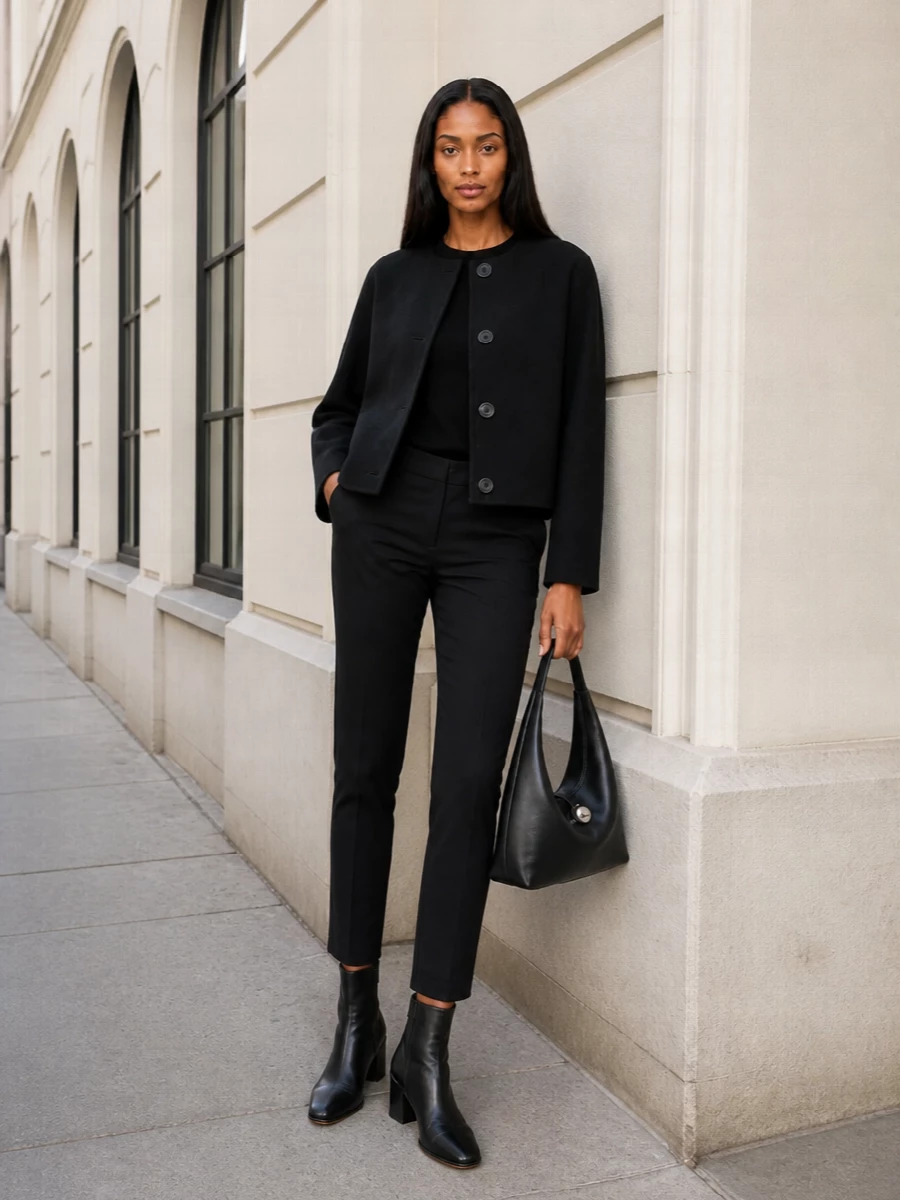 Max mara black coat tailored trousers outfit