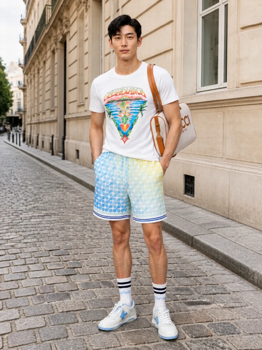 A bright Casablanca tee pairs with sun-washed geometric shorts for a playful resort set that feels graphic but still wearable. Powder-blue accented sneakers and an off-white Gucci tote keep the palette clean and coastal. Collegiate socks finish it with a subtle sport note that keeps the whole outfit relaxed and upbeat.