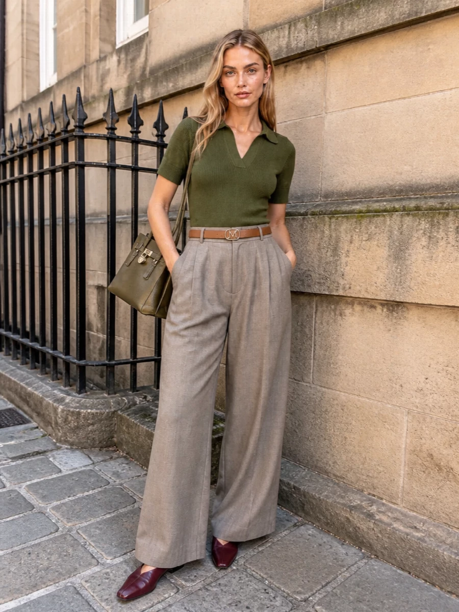 Max mara olive knit polo wide leg trousers