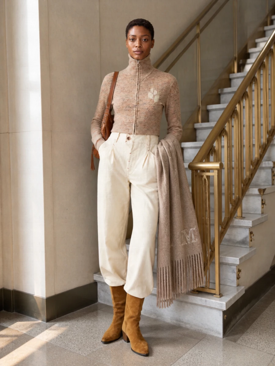 Isabel marant camel cardigan wide leg pants outfit