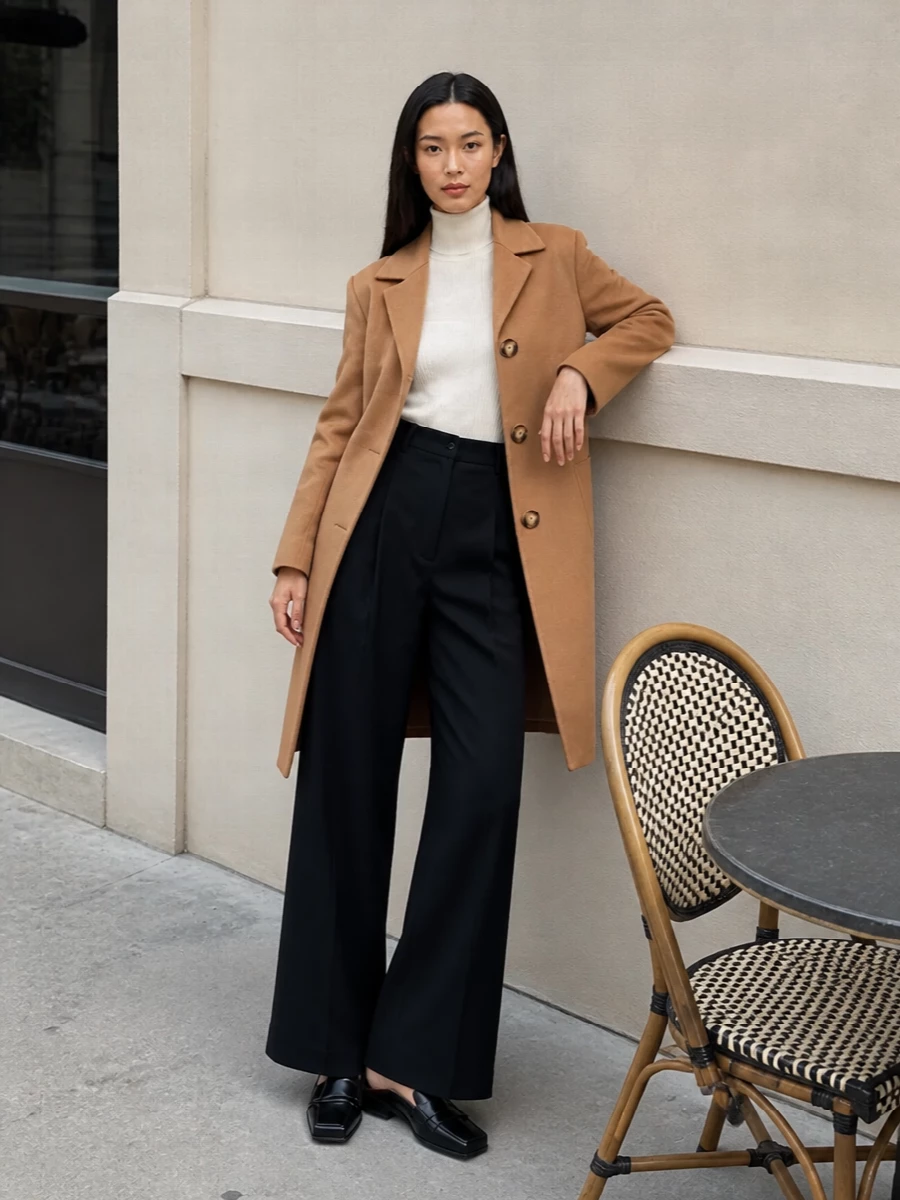 Sportmax camel coat wide leg trousers outfit