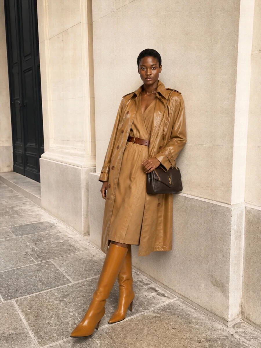I’m anchoring the look with the camel Saint Laurent wrap dress rather than a separate top and bottom so the trench can sit over a single, clean column of tailoring—this keeps the silhouette sharp and the drama focused on the bronze-coated outerwear. Knee-high caramel boots continue the vertical line and quietly echo the trench, while the espresso shoulder bag deepens the palette just enough to feel intentional and city-ready rather than one-note safari. The result is a cohesive SS ensemble that reads impeccably Saint Laurent: edited, tonal, and quietly high-impact for day-to-dinner wear.