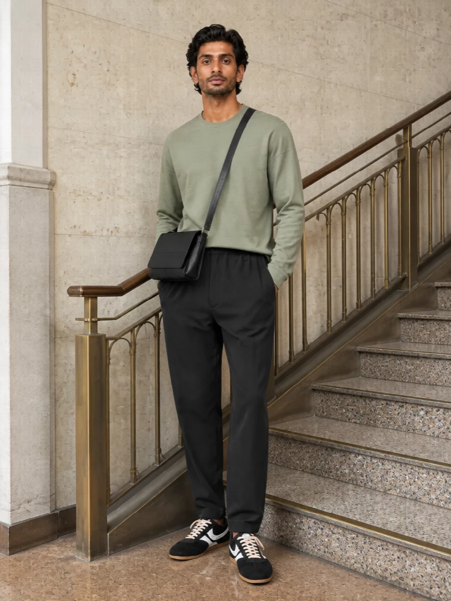 Dries van noten sage sweater charcoal trouser outfit