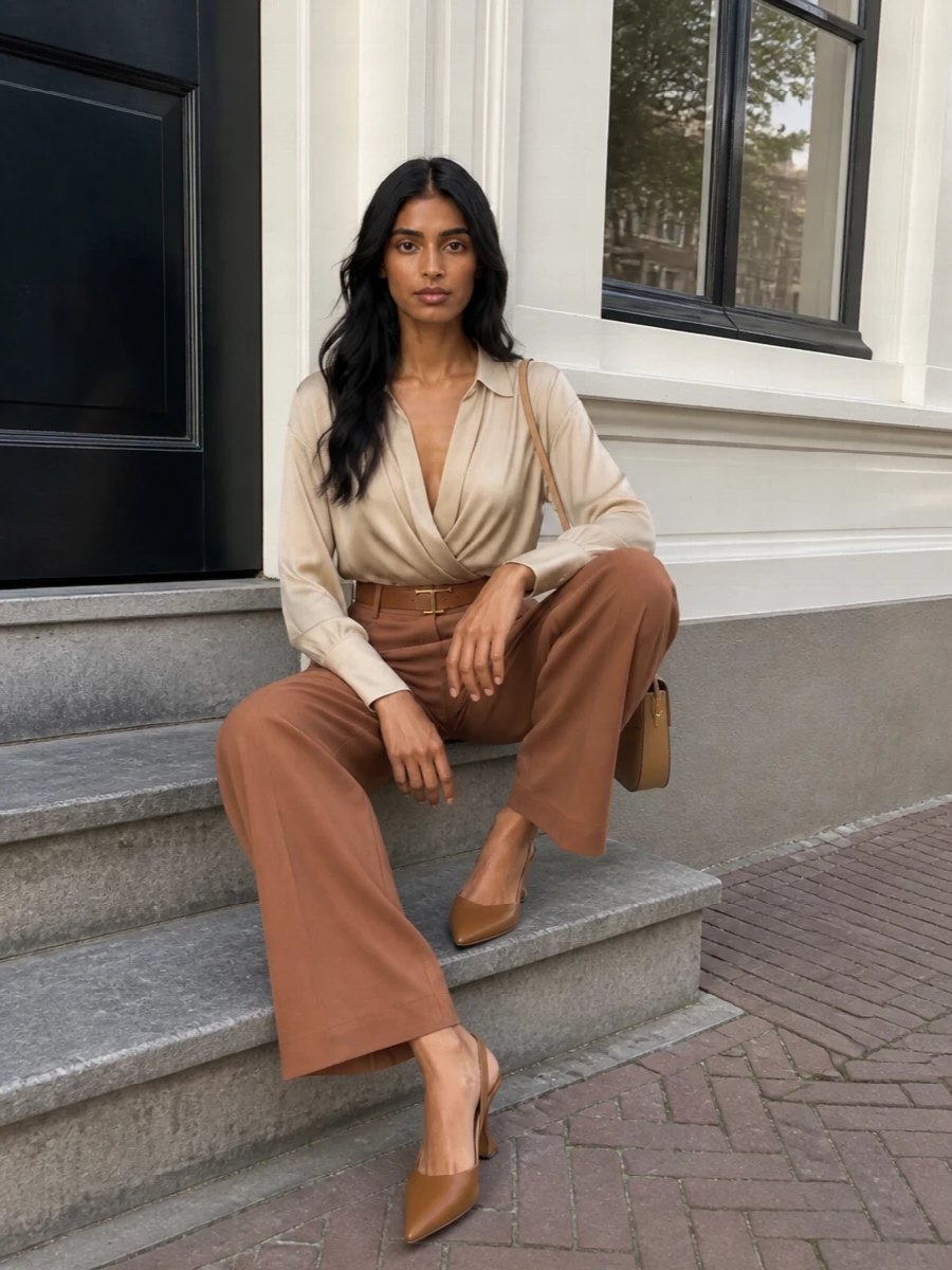 Andamane camel trousers draped blouse outfit