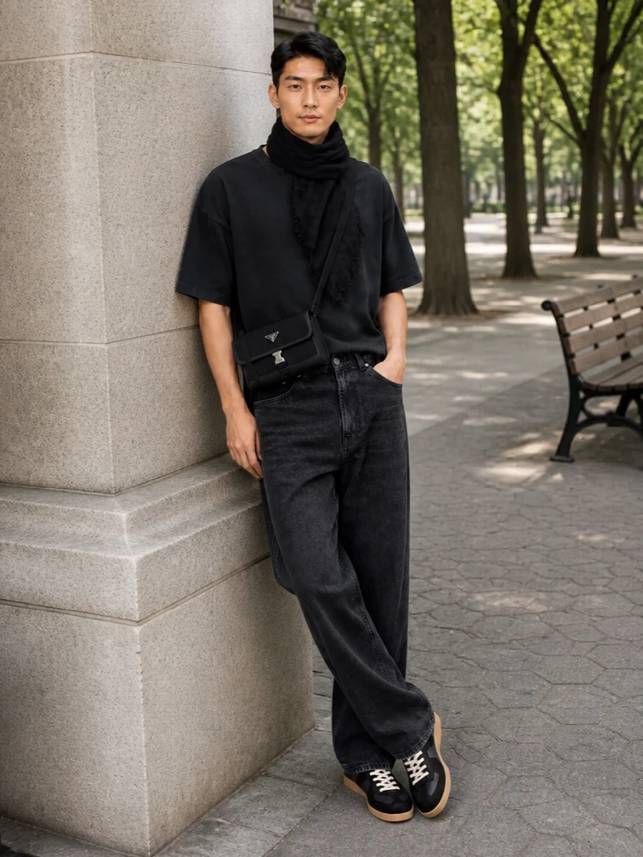 Washed black on washed black keeps this Palm Angels tee grounded, with the straight-cut Our Legacy denim carrying the same faded tone for a calm, grunge-leaning street mood. Margiela’s dark gum-sole sneakers and the structured Prada crossbody sharpen the edges without breaking the monochrome flow. The Rick Owens scarf adds just enough texture and length to make the relaxed proportions feel intentional rather than sloppy.