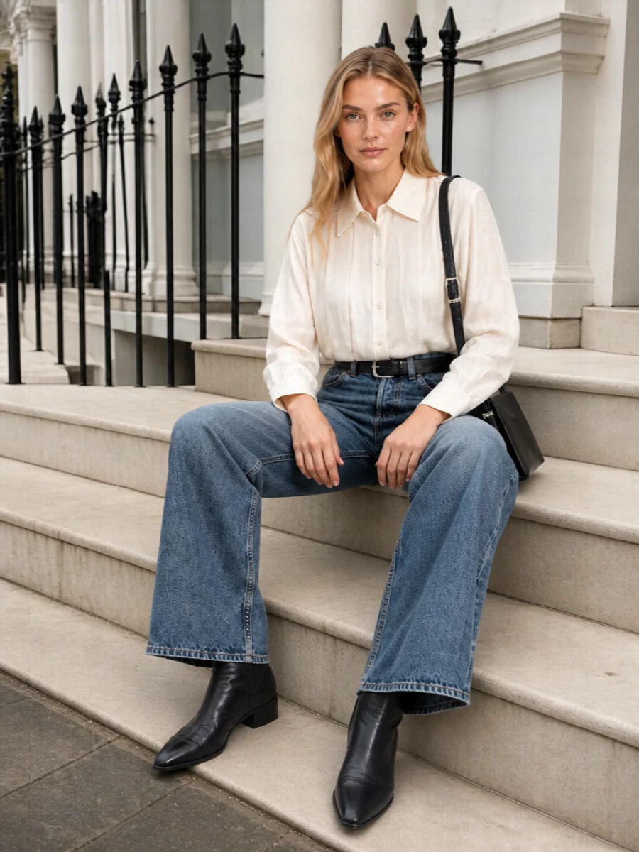 Our legacy wide leg jeans ivory shirt black boots