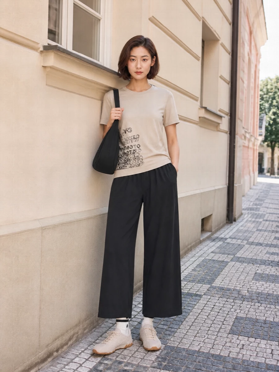 Y3 tee wide leg pants beige adidas sneakers